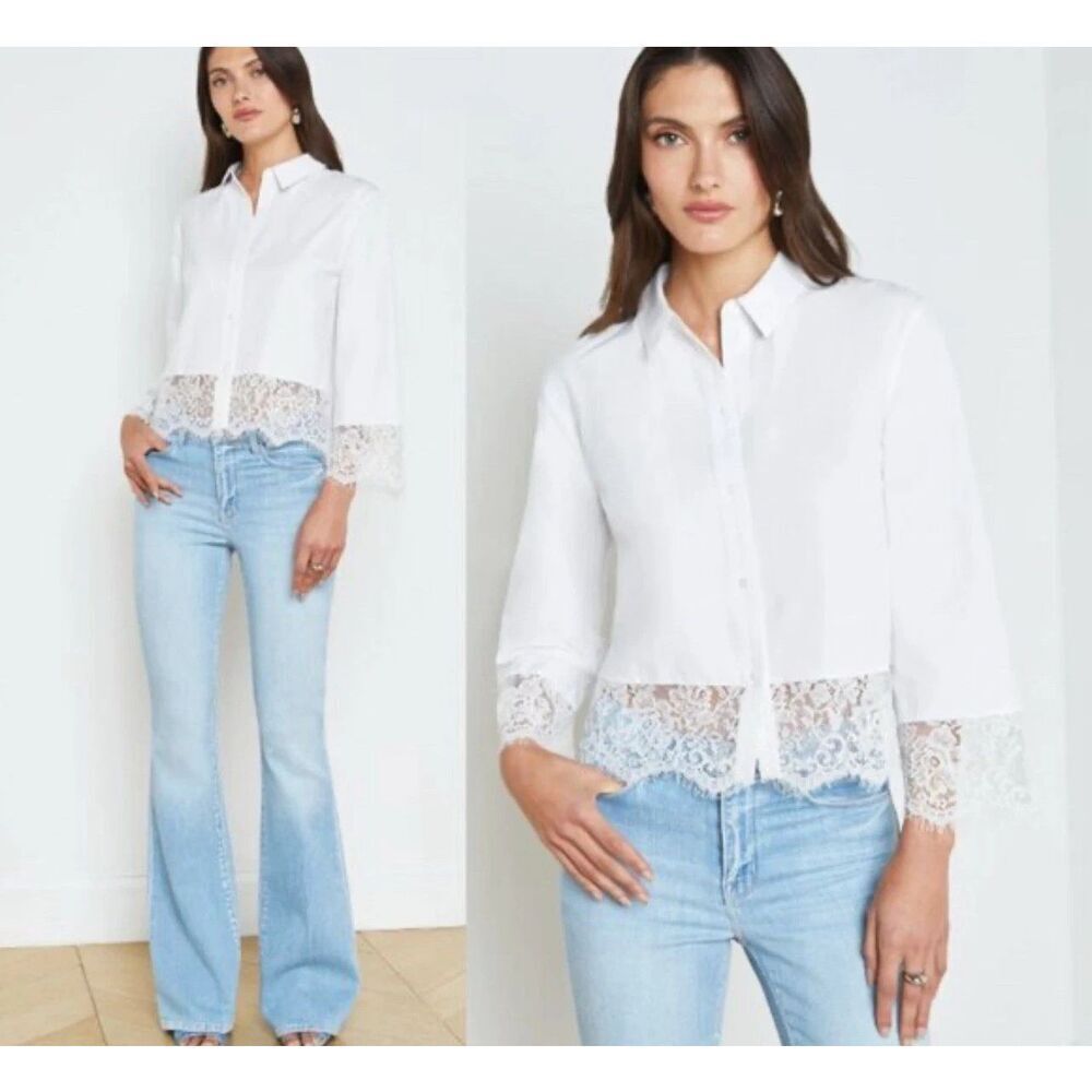 New L’AGENCE Levo Lace Trim Cropped Shirt in White Size Large
